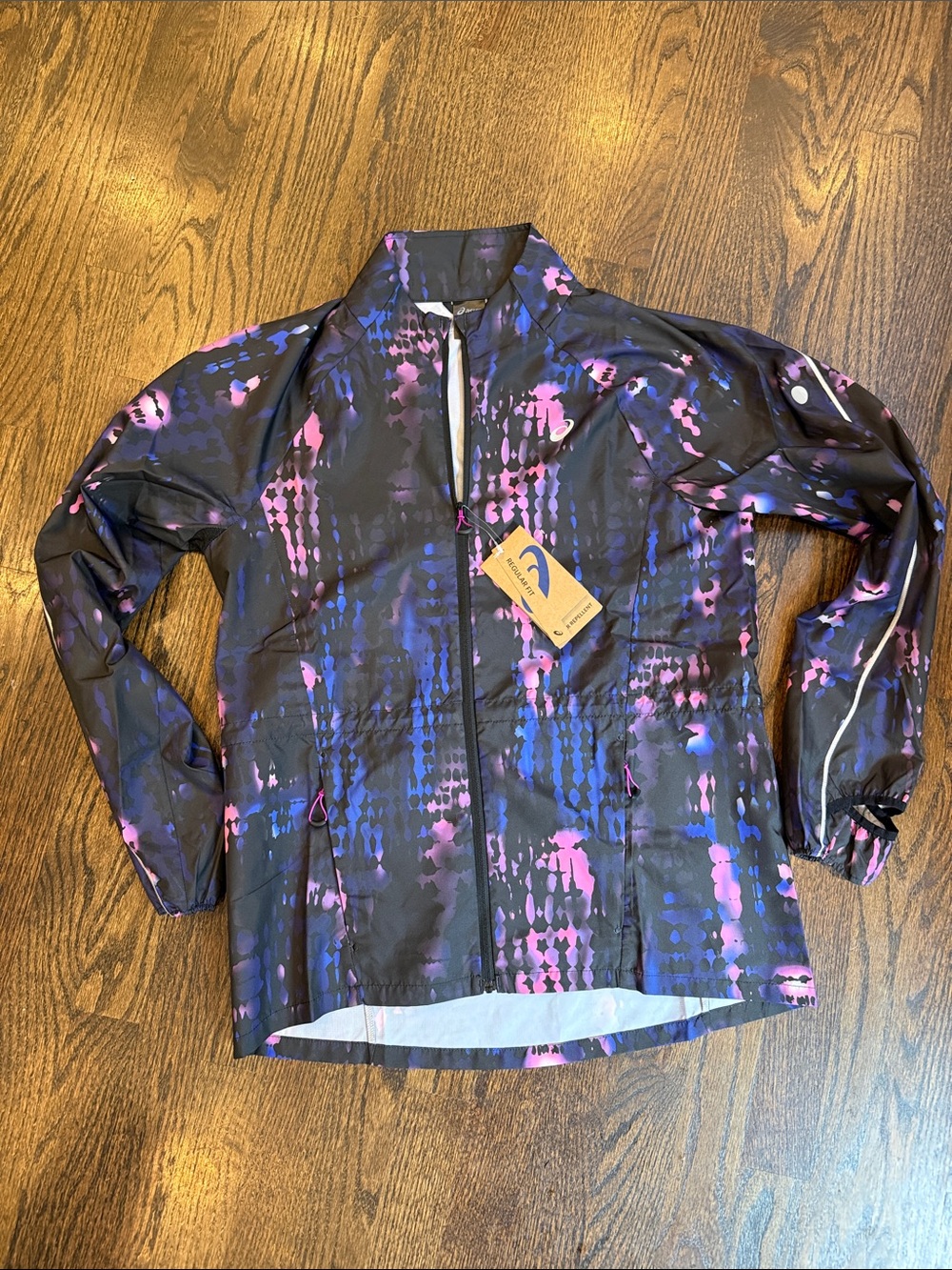 Women’s Black Purple Pink Patterned Lightweight Jacket asics running small